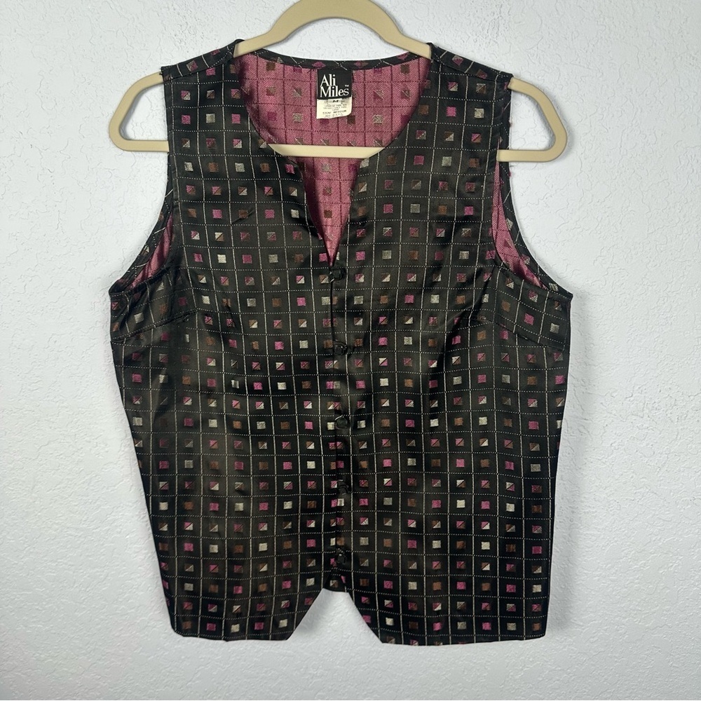 Al Miles Black With Pink Checkered Pattern Medium Cropped Boho Lagenlook Vest